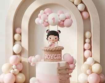 Baby girl with balloons cake topper made of lightweight clay