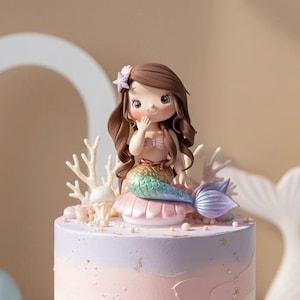 Mermaid on a seashell Cake Topper, Made of Lightweight Air Dry Clay. Perfect for Birthday Cake of Your Princess