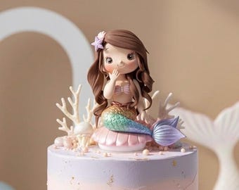 Mermaid on a seashell Cake Topper, Made of Lightweight Air Dry Clay. Perfect for Birthday Cake of Your Princess