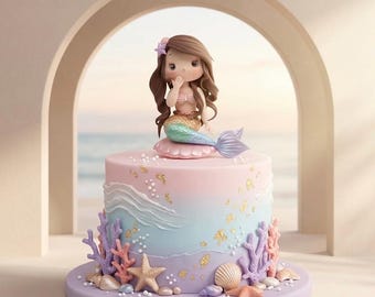 Adorno para tarta de sirena sobre una concha marina, hecho de arcilla ligera de secado al aire. Perfecto para la tarta de cumpleaños de tu princesa.