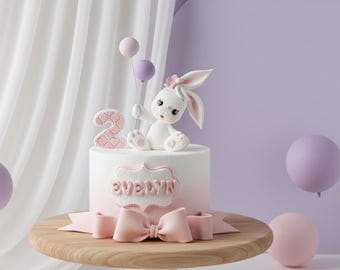 Adorno para tarta de conejito blanco: Conejo de arcilla de secado al aire hecho a mano, ideal para baby shower de cumpleaños.