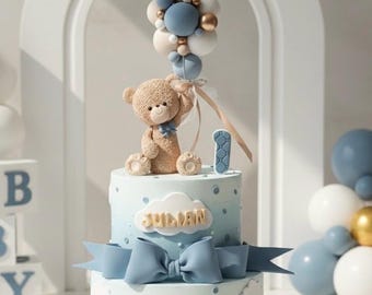 Adorno para tarta de oso sentado con globos, 20 cm de alto, hecho de arcilla ligera de secado al aire, perfecto para baby shower y revelación de género.