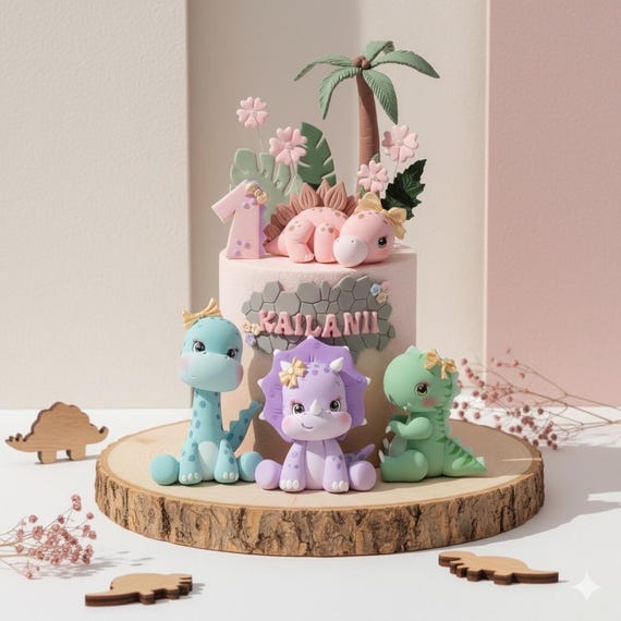 Baby Girl Dinosaur Cake Topper Made of Lightweight Air Dry Clay: Triceratops, T-rex, Brontosaurus, Stegosaurus, For Birthday Cake