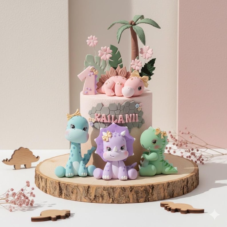 Baby Girl Dinosaur Cake Topper Made of Lightweight Air Dry Clay: Triceratops, T-rex, Brontosaurus, Stegosaurus, For Birthday Cake image 1