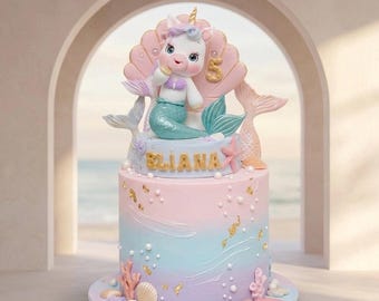 Adorno para pastel de unicornio sirena, hecho de arcilla ligera de secado al aire y personalizable, perfecto para cumpleaños y baby showers.