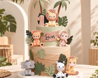 Baby Safari Animal Cake Topper Made of Lightweight Air Dry Clay: Lion, Tiger, Elephant, Monkey, Giraffe, Zebra, For Birthday Cake