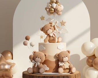 Bear holding Balloon Cake Topper, Lightweight Clay: Baby Shower Decoration