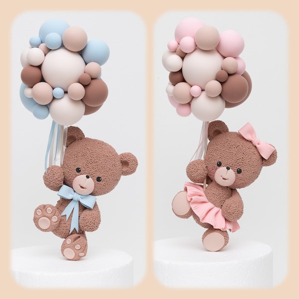 Bear Holding Balloons Cake Topper, Made of Lightweight Air Dry Clay 9 Inch Tall, Perfect For Baby Shower