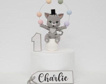 Juggling Gray Kitten Cake Topper, Made of Lightweight Air Dry Clay, Cat Cake Topper For Birthday Cake, Baby Shower Cake