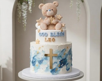Baptism Bear cake topper made of Light-weight FOAM clay. Perfect for baby baptism cake