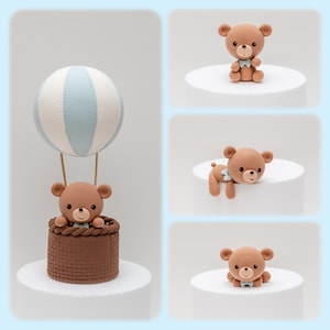 Bear Cake Topper Made of Lightweight Air Dry Clay, 3 inch, Bear Wearing Bow, Bear on Train, Bear on Cloud, Bear with Hot Air Balloon