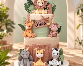 Safari Animal Cake Topper Made of Lightweight Air Dry Clay: Lion, Tiger, Elephant, Monkey, Giraffe, Zebra, Hippo| For Birthday Cake