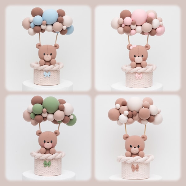 Bear Balloons Cake Topper, 9 inch Tall, Handmade Made of Lightweight Air Dry Clay