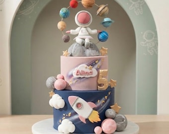Astronaut Cake Topper, Made of Foam Air Dry Clay, Planets Cake Decoration, Rocket Cake Topper,