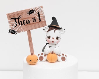 Tiger Halloween Cake Topper, Made of Lightweight Air Dry Clay, with Leaves and Name Plaque, For Birthday Cake, Baby Shower Cake