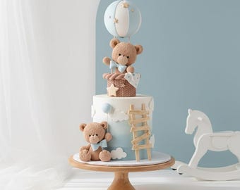 Bear with Hot Air Balloons Cake Topper, 11” tall, Made of Lightweight Air Dry Clay, perfect for Baby Shower, Birthday Cake
