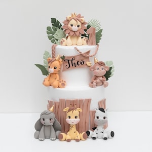 Safari Animal Cake Topper Made of Lightweight Air Dry Clay: Lion, Tiger, Elephant, Monkey, Giraffe, Zebra, Hippo For Birthday Cake image 1