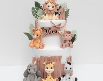 Safari Animal Cake Topper Made of Lightweight Air Dry Clay: Lion, Tiger, Elephant, Monkey, Giraffe, Zebra, Hippo| For Birthday Cake