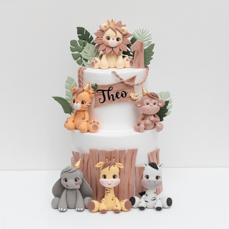 Safari Animal Cake Topper Made of Lightweight Air Dry Clay: Lion, Tiger, Elephant, Monkey, Giraffe, Zebra, Hippo For Birthday Cake image 1