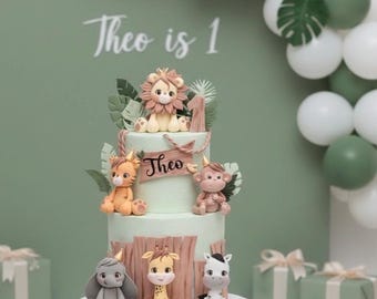 Safari Animal Cake Topper Made of Lightweight Air Dry Clay: Lion, Tiger, Elephant, Monkey, Giraffe, Zebra, Hippo| For Birthday Cake