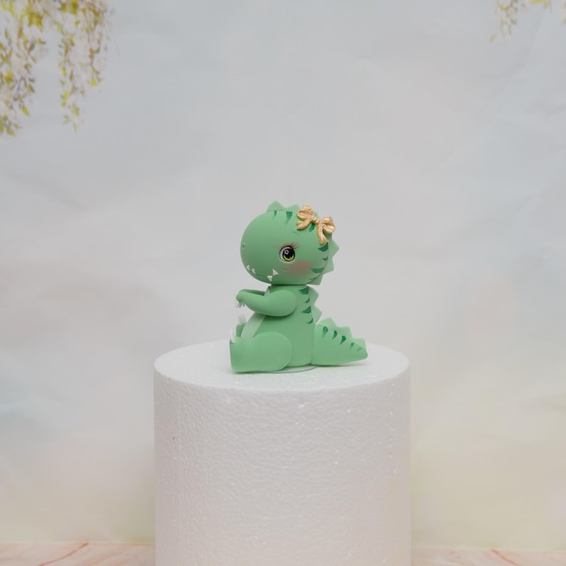 Baby Girl Dinosaur Cake Topper Made of Lightweight Air Dry Clay: Triceratops, T-rex, Brontosaurus, Stegosaurus, For Birthday Cake Green T-rex