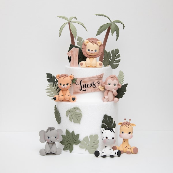 Baby Safari Animal Cake Topper Made of Lightweight Air Dry Clay: Lion, Tiger, Elephant, Monkey, Giraffe, Zebra, For Birthday Cake