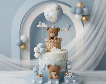 Bear in Hot Air Balloons Cake Topper, Made of Lightweight foam CLAY, perfect for Baby Shower, Birthday Cake