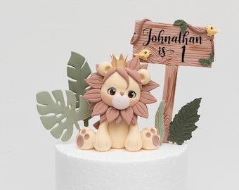 Lion, Giraffe, Tiger Cake Topper, Made of Lightweight Air Dry Clay, with Leaves and Name Plaque, For Birthday Cake, Baby Shower Cake