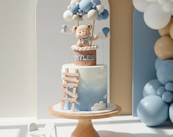 Bear in Hot Air Balloon Cake Topper, 9 inch Tall, Made of Lightweight Air Dry Clay