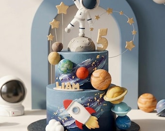 Astronaut Cake Topper, Planets Cake Decoration, Rocket Cake Topper, Made of Foam Air Dry Clay