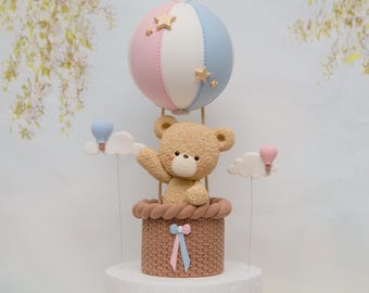 Bear with Hot Air Balloons Cake Topper, 11” tall, Made of Lightweight Air Dry Clay, perfect for Baby Shower, Birthday Cake