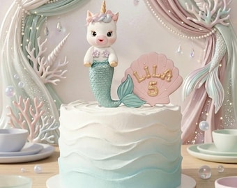 Unicorn Mermaid Cake Topper, Made of Lightweight air dry clay and Customizable, Perfect For Birthday, Baby Shower