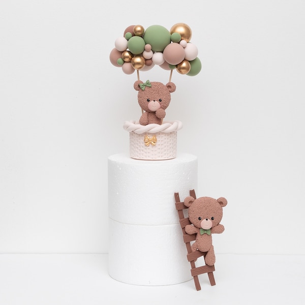Bear in Hot Air Balloons, Bear on Ladder Cake Topper Made of Lightweight Air Dry Clay, perfect for Baby Shower, Gender Reveal