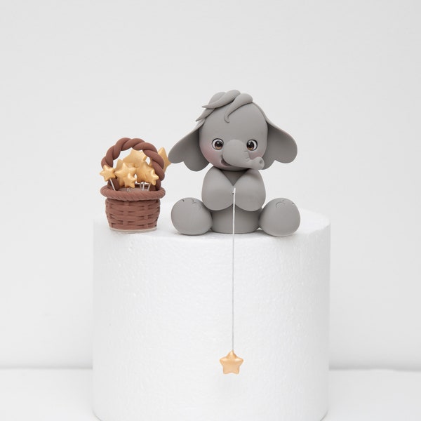 Elephant Fishing Star Cake Topper, Made of Lightweight Air Dry Clay, perfect for Baby Shower