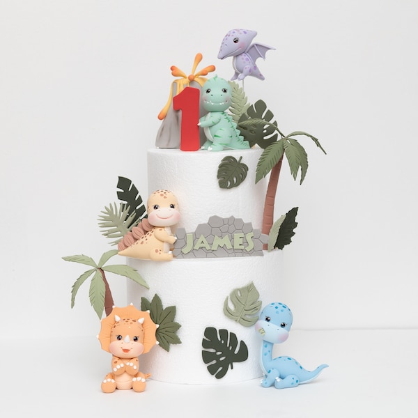 Baby Dinosaur Cake Topper Made of Lightweight Air Dry Clay: Triceratops, T-rex, Brontosaurus, Stegosaurus, Pterodactyl, For Birthday Cake