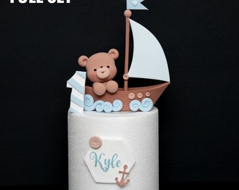 Bear and Sailboat Cake Topper, Made of Lightweight Air Dry Clay, Sailor Bear Cake Topper, Perfect For Baby Shower, Birthday Cake