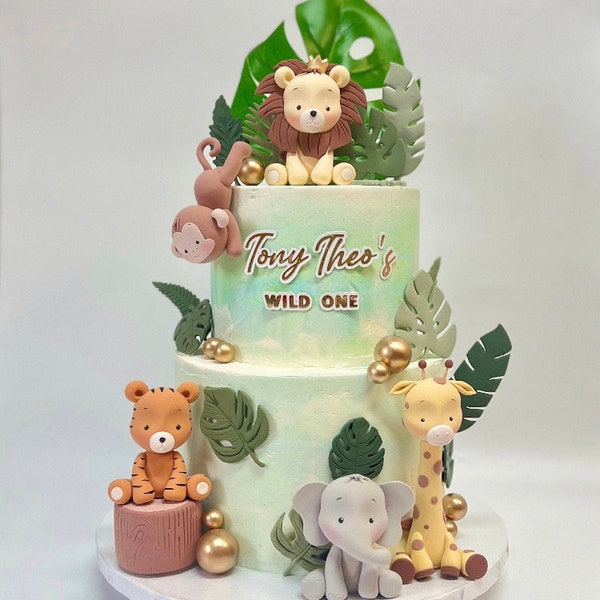 Safari Animal Cake Topper Made of Lightweight Air Dry Clay: Lion Giraffe, Elephant, Monkey, Tiger, For Birthday, baby shower