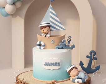 Adorno para tarta de bebé niño y velero, hecho de arcilla ligera de secado al aire, adorno para tarta de marinero, perfecto para baby shower y tarta de cumpleaños.