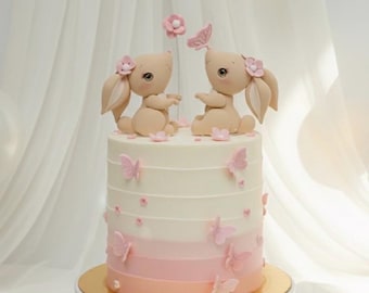Adorno para tarta de conejito, hecho de arcilla ligera de secado al aire, adorno para tarta de conejo con flor, mariposa y número de edad para tarta de cumpleaños