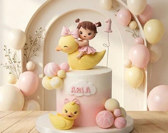 Adorno para pastel de niña montando un pato, hecho de arcilla ligera, para pastel de cumpleaños.