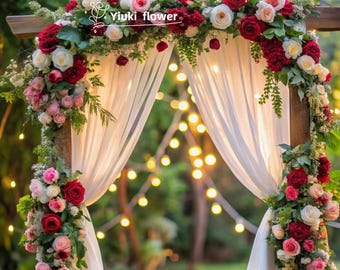 Arch Floral Arrangements, ArtifIcial Arch Flowers, Flower Arch Decor with Drapes in Red Blush Pink Rose, Wedding Decor, Ceremony Flowers