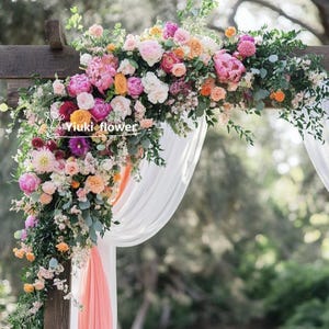 Arch Flowers, Wedding  Flowers, Flower Arch Decor With Drapes, Arch Floral Arrangements, Ceremony Decor, Orange Hot Pink Wedding Decor