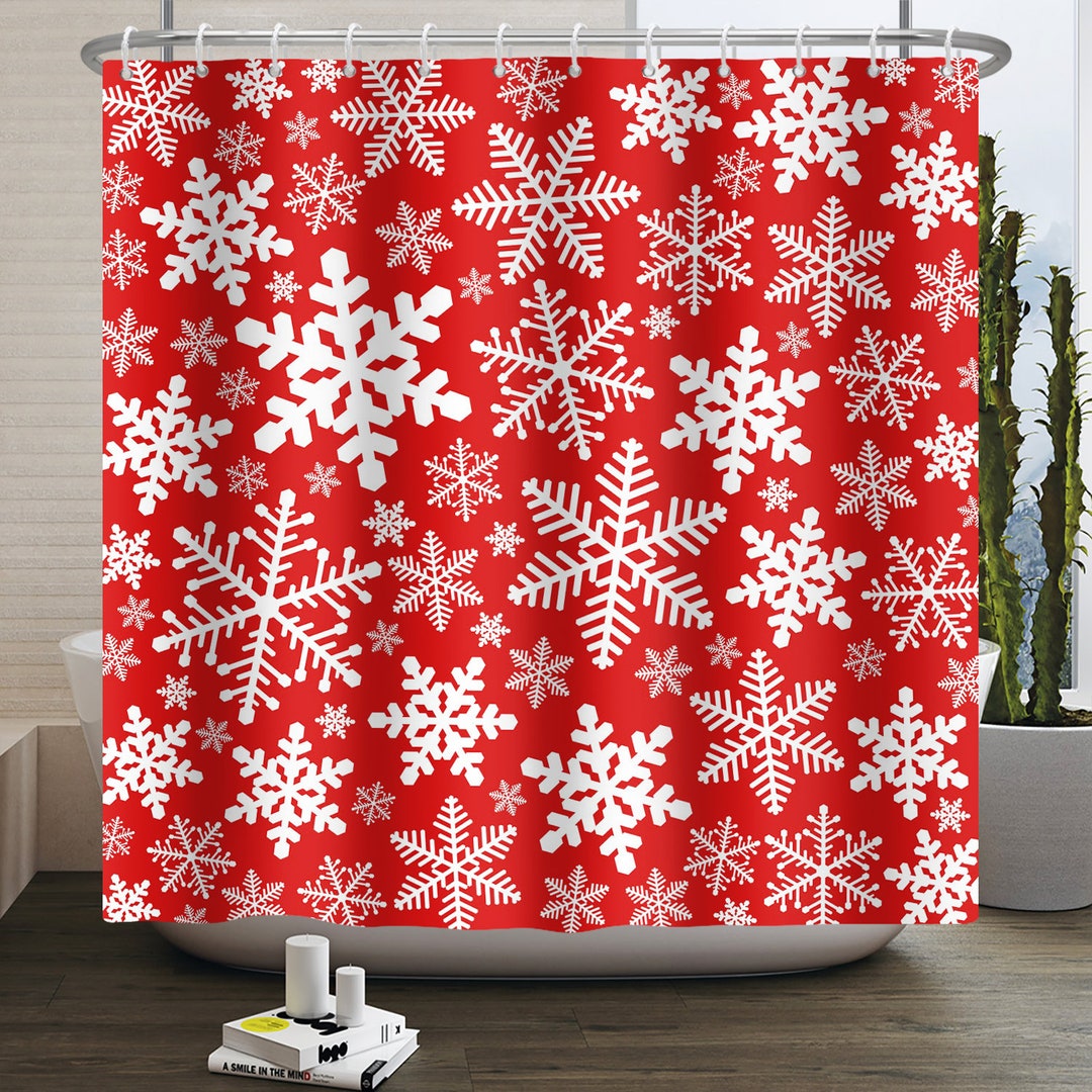 Snowflake Shower Curtains Red Winter Holiday Twinkle Snow Xmas Etsy