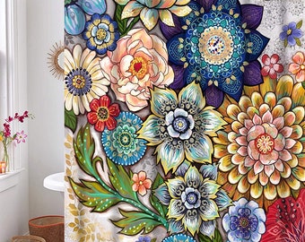 Floral Boho Shower Curtain with Hooks,Colorful Bohemian Bathroom Curtain,Beautiful Bright Fabric Cloth Curtain for Bathroom Decor,Multi-size