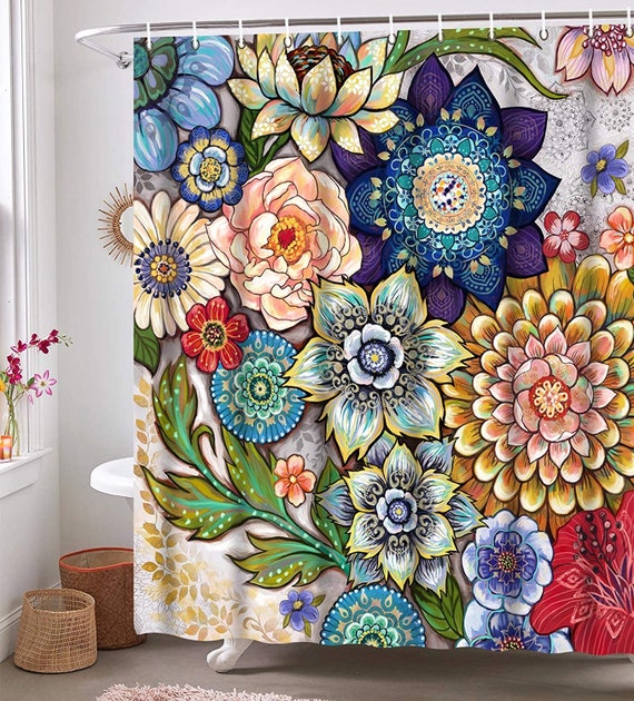Floral Boho Shower Curtain With Hooks,colorful Bohemian Bathroom
