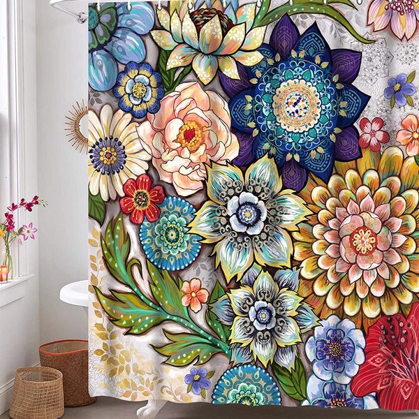Floral Boho Duschvorhang mit Haken, bunter Boho Badezimmer Vorhang, Schöner heller Stoff Tuch Vorhang für Badezimmer Dekor, Multi-Size