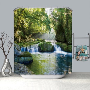 Nature Decorative Shower Curtain with Hooks,Stream Flowing in Forest Mossy Rocks Splash Shower Curtain,Polyester Fabric Bathroom Accessories