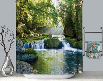 Nature Decorative Shower Curtain with Hooks,Stream Flowing in Forest Mossy Rocks Splash Shower Curtain,Polyester Fabric Bathroom Accessories