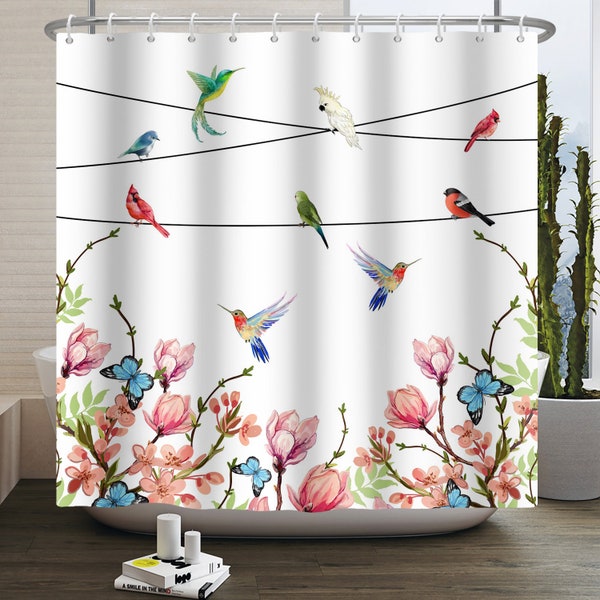 Bird Shower Curtain, Hummingbird Shower Curtain for Bathroom with Hooks, Flower Polyester Fabric Shower Curtain, Modern Home Bathtubs Decor