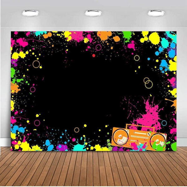 Let's Glow Splatter Photo Background, Glow Neon Party Backdrop, Blacklight Disco Retro Dance Party Decoration Supplies Birthday Party Banner